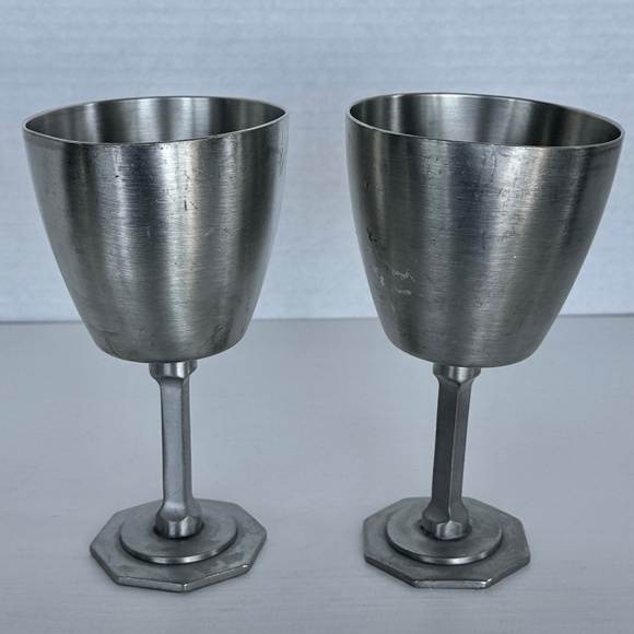 Vintage Aitkens Pewter Wine Glasses Goblets 2 Octagon Bases Matte Artisan Rustic - Picture 4 of 14